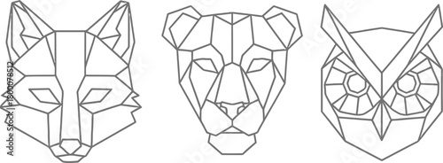 Set of three geometric polygonal animal heads fox cheetah and owl representing modern low poly style wildlife design
