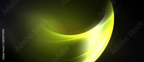 Abstract yellow curves flow across dark background. Smooth gradients create dynamic visual effect. Light emphasizes form, depth.