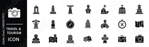 Explore the world with essential travel icons for an awesome vacation planning resource or designing a travel app user interface in a sleek black style