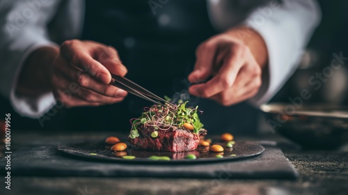 Chef skillfully plating a gourmet dish with fresh herbs and vegetables in a modern kitchen