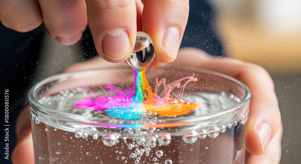 Obraz premium Droplet Creates Colorful Splash in Water Glass, Vibrant Abstract Artful Scene