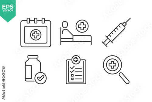 Medical Line Icon Set. Contains icons as Doctor, Nurse, Hospital, Medicine, Pharmacy, Clinic, Patient, Medical, Health, Prevention, Treatment,Illness, and more