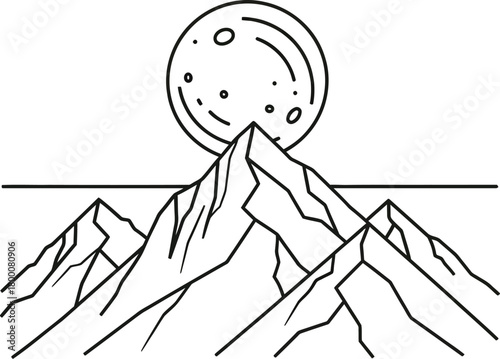 Minimalist mountain landscape with a large full moon above peaks horizon line abstract nature illustration clean line art style
