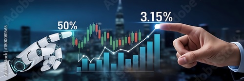 A human hand and a robotic hand point at ascending stock market graphs, symbolizing collaboration between technology and finance in data-driven decision making..