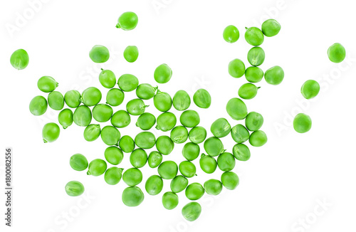 Fresh green peas isolated on a white background, top view. Pea seeds (Pisum sativum).