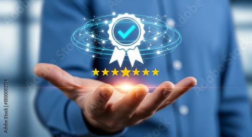 Seven Star Rating Exceptional Quality and Service Excellence Digital Certification Achievement Icon Displayed on Hand for Highest Standard