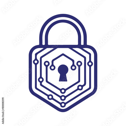 Bold blue vector icon of a locked padlock featuring integrated electronic circuit board lines. Symbolizes high-tech digital security, data protection, cybersecurity, privacy, and system access control
