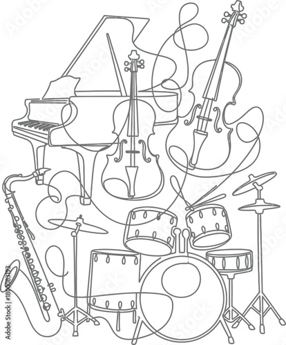 Overlapping line drawing composition of various orchestral and percussion instruments background vector illustration layout template