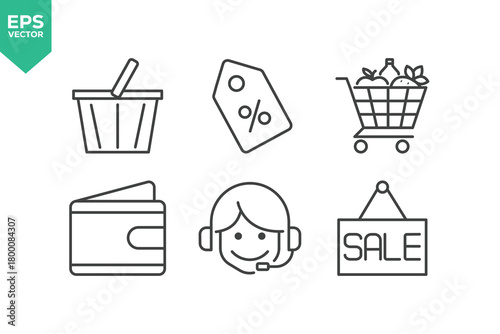 E-Commerce Line Icon Set. The set contains icons such as Shopping, Store, Payment, Discount, Shopping Cart, Package, Delivering, Courier and so on.
