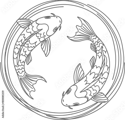 Two koi carp fish outline drawing swimming in circular water waves symbol of yin and yang prosperity and fortune vector illustration