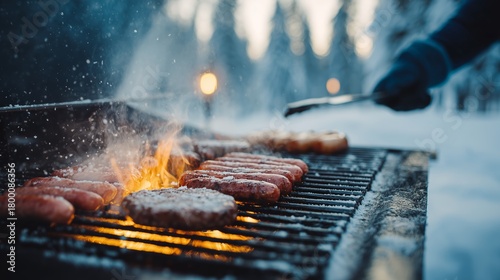Fototapeta Naklejka Na Ścianę i Meble -  Delicious barbecue taking place in the snow-covered forest at dusk