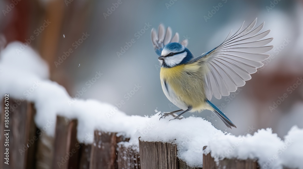 Obraz premium Blue tit balances on a snowy fence branch during winter, showcasing its colorful feathers and graceful wings