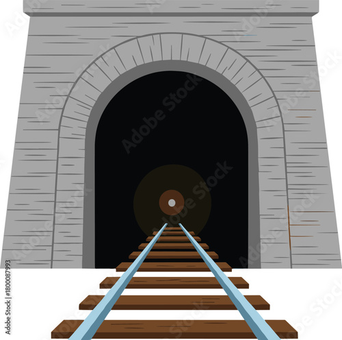 Vector illustration of a dark, stone railway tunnel entrance with a brick arch and train tracks leading into the underground darkness.