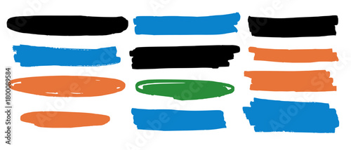 Vector collection of hand-drawn horizontal elements: brush paint strokes, spots, lines and frames, highlights and underlines on white isolated background. Backdrop for text on social media.