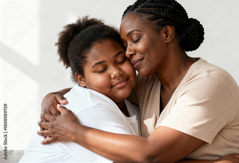 Obraz premium Affectionate black mother hugging her daughter with love. Loving african american family sharing a tender moment of connection. Motherhood and family bond concept