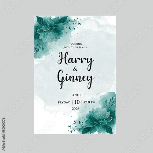Elegant Invitation Card: A sophisticated wedding invitation design. Soft teal watercolor splashes and delicate floral embellishments create a sense of refined beauty and romance. 