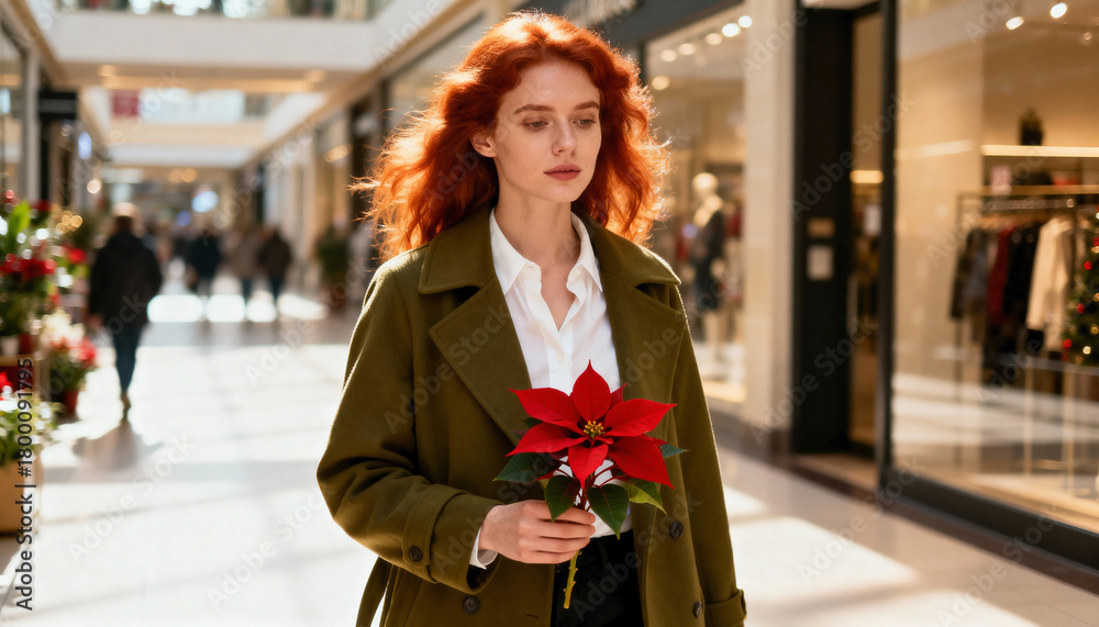 Fototapeta premium Young redhead woman with a poinsettia flower Christmas shopping in a mall. Stylish person in a green coat during the festive holiday season
