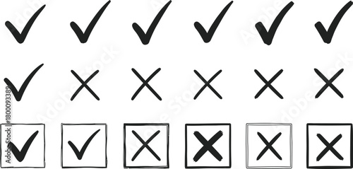Collection of hand drawn check marks and crosses in rows on white background