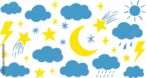 Whimsical collection of weather icons featuring clouds moon stars lightning and rain