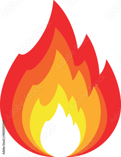 A simple, stylized graphic illustration of a vibrant red and orange flame with a yellow core.