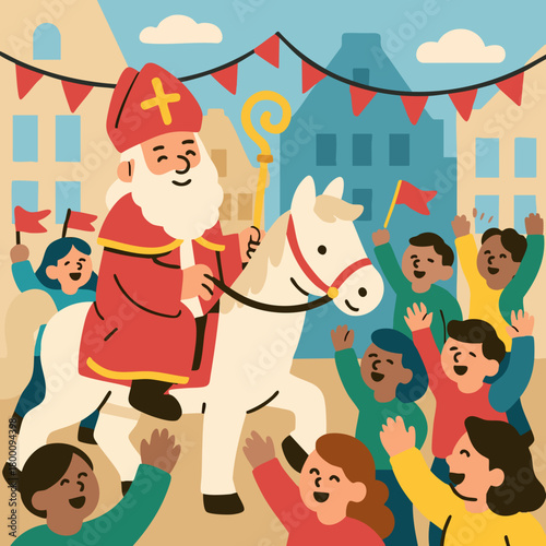 A cheerful flat-style illustration of Sinterklaas riding a white horse while excited children wave and celebrate around him with festive red flags.