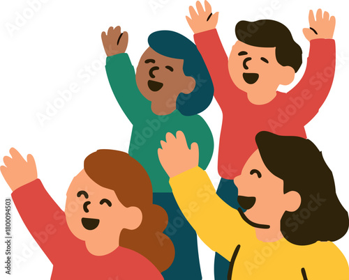 A joyful group of children cheerfully raising their hands and smiling together in a bright, playful flat-style illustration.