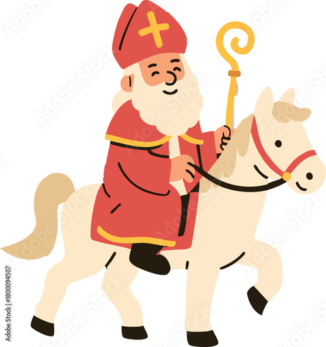 A flat-style illustration of Sinterklaas riding a white horse, holding his golden staff while smiling warmly in his traditional red robe and mitre.