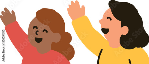 Two cheerful children joyfully raise their hands and smile in a bright, playful flat-style illustration.