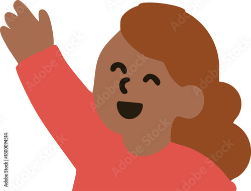 A cheerful child with raised arm smiles brightly in a simple, colorful flat-style illustration.