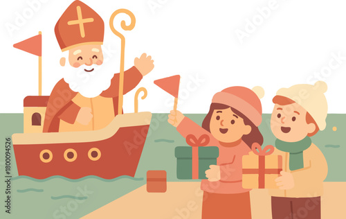 A cheerful Sinterklaas arrives by boat as two excited children greet him with flags and gifts in a warm, festive illustration.
