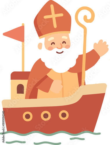A cheerful Sinterklaas waves from his festive red boat as he arrives over gently rippling water.