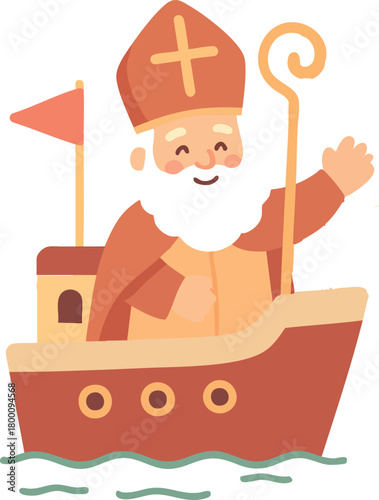 A cheerful Sinterklaas waves from his festive red boat as he arrives over gently rippling water.