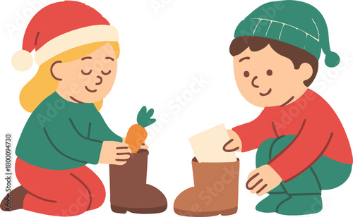 Two cheerful children prepare for Sinterklaas by placing a carrot and a letter into their boots as part of the festive tradition.