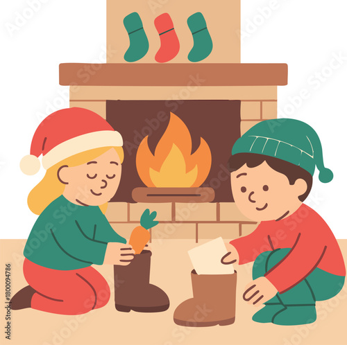 Two children prepare their boots by the cozy fireplace, placing a carrot and a letter inside as part of the Sinterklaas tradition.