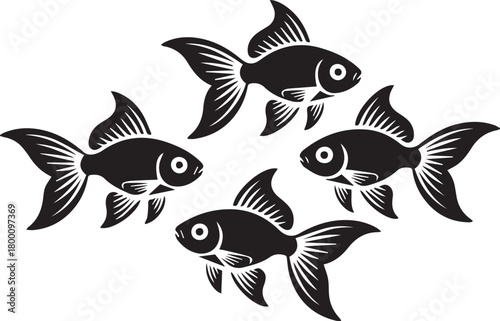 Four black goldfish swimming in a circle on a white background vector