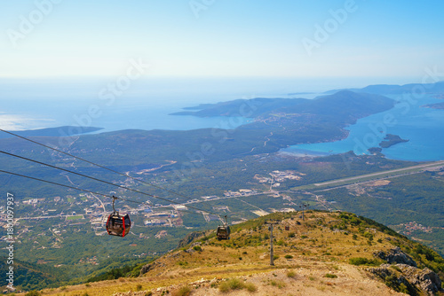 Beautiful Mediterranean landscape on sunny autumn day. Montenegro. Kotor-Lovcen cable car. View of Adriatic Sea, Bay of Kotor and Lustica peninsula