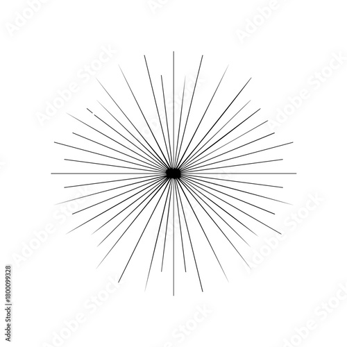 Abstract radial starburst pattern with intricate geometric lines and dots emanating from a central point on a clean white background