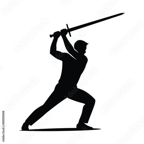 Silhouette of a swordsman wielding a sword isolated on