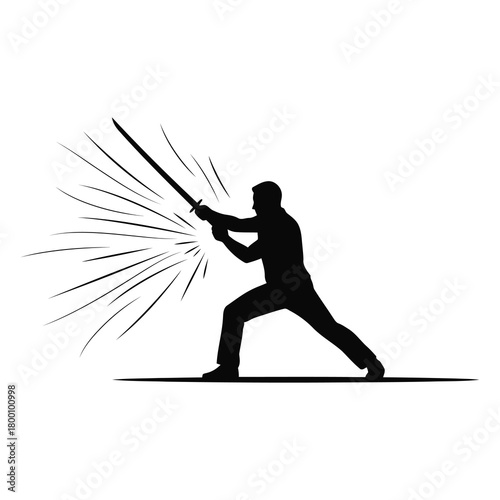 Silhouette of a man wielding a katana, isolated on