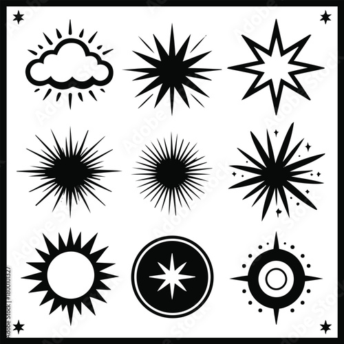 9-piece comic impact effect set, containing soft cloud bursts, sharp impact rays, small sparkles, shockwave circles, thin black outline, white background, clean vector-friendly design