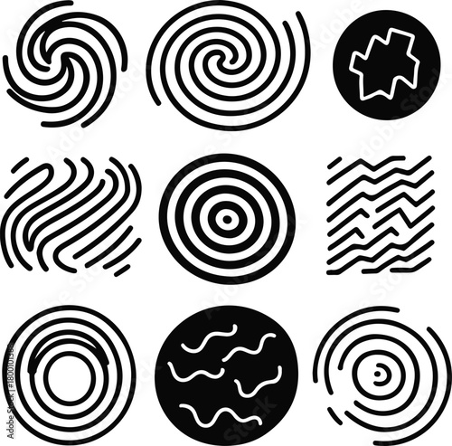 abstract motion lines including spirals, zigzags, wavy ripples, clean black line art, simple comic motion icons 1