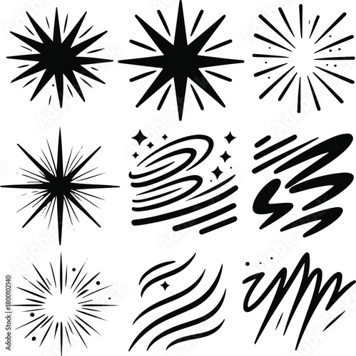 minimal black line art comic effects, including starburst, explosion burst, speed lines, swirl motion, lightning stroke, smoke puff, spark rays, swoosh trails, thin clean outline 1