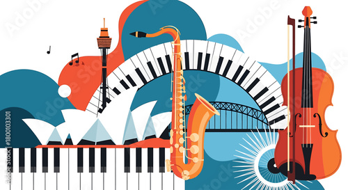 A creative flat design illustration depicting musical instruments fused with abstract representations of Sydney landmarks, symbolizing the artistic blend of music and place.