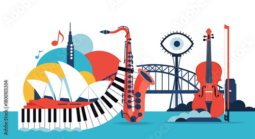 A creative flat design illustration depicting musical instruments fused with abstract representations of Sydney landmarks, symbolizing the artistic blend of music and place.