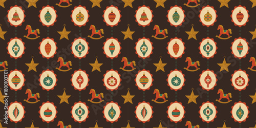 Vintage seamless pattern Christmas ornament vector with ball background. Tree and holiday design for warm decor or gifts. Classic illustration with toys and stars for wrapping or cards.