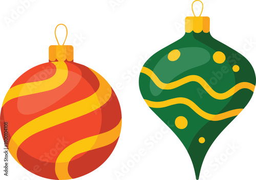 Red and green Christmas ornaments with yellow swirl and dot patterns bauble decoration