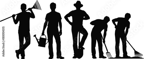Farm workers silhouette set with garden tools and watering can, black and white vector illustration of people farming, gardening, and agricultural activity concept