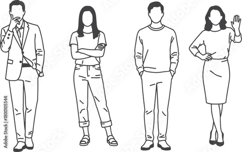 Flat vector illustration of diverse standing human characters in minimal line art style, business and casual poses for design reference