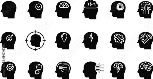 Flat vector illustration of multiple human head icons with brain, idea, technology and mindset symbols, creative thinking concept design set