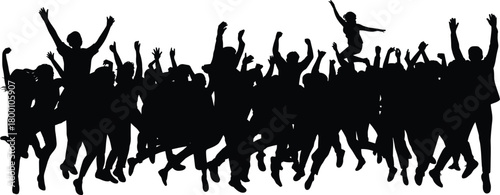 Silhouette of large energetic crowd jumping and cheering together in celebration, expressing unity, excitement, joy, freedom, success